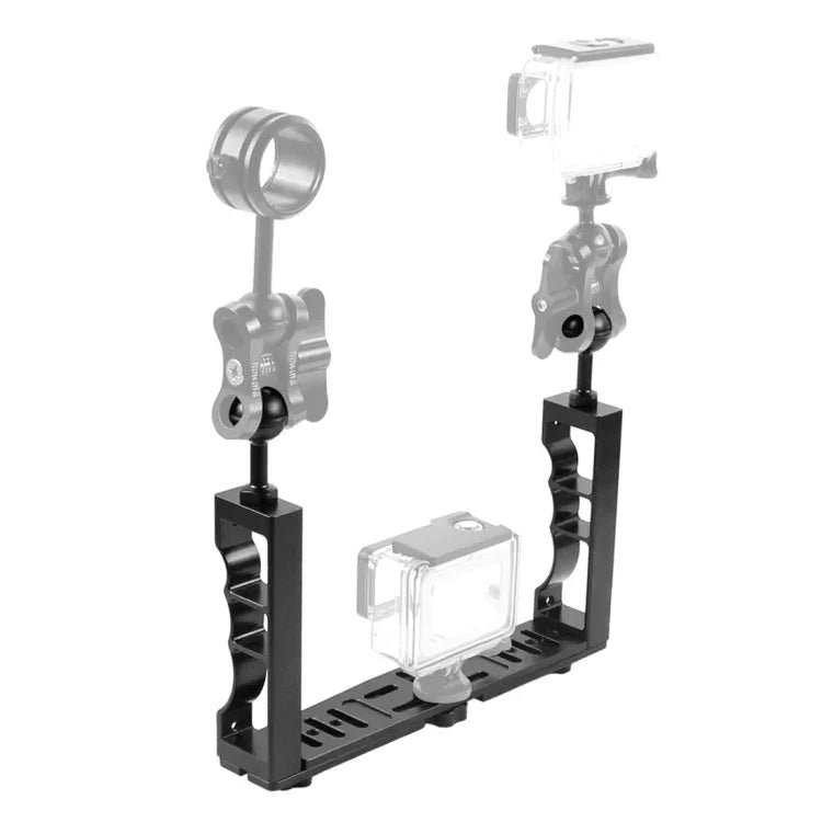 PULUZ Verstellbarer, handgeführter Doppel-Lampenarm aus CNC-gefrästem Aluminium für GoPro, Insta360, DJI und andere Action-Kameras, Doppel-Handhalterung