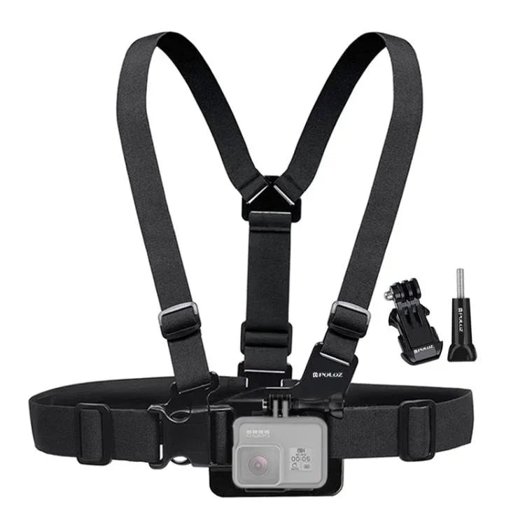 PULUZ Verstellbarer Brustgurt mit J-Haken-Halterung und langer Schraube für GoPro, Insta360, DJI und andere Action-Kameras, Brustgurt
