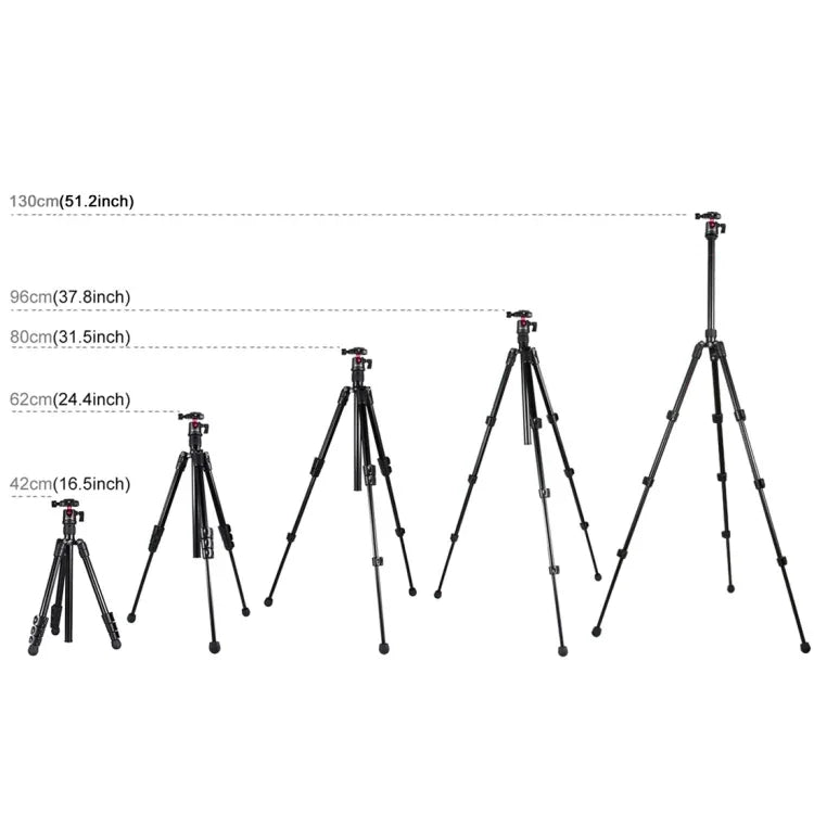 PULUZ 4-teiliges, klappbares Metallstativ mit 360°-Kugelkopf für DSLR- und Digitalkameras, Höhenverstellbar: 42–130 cm