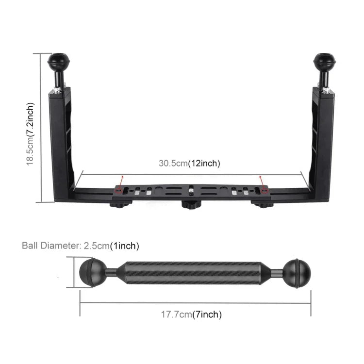 PULUZ Aluminium-Tablettstabilisator mit Doppelgriff, 2 x Doppelkugel-Klemme aus Aluminiumlegierung und 2 x 7-Zoll-Schwimmarm für Unterwasserkameragehäuse, 2 x Doppelkugel (Schwarz)