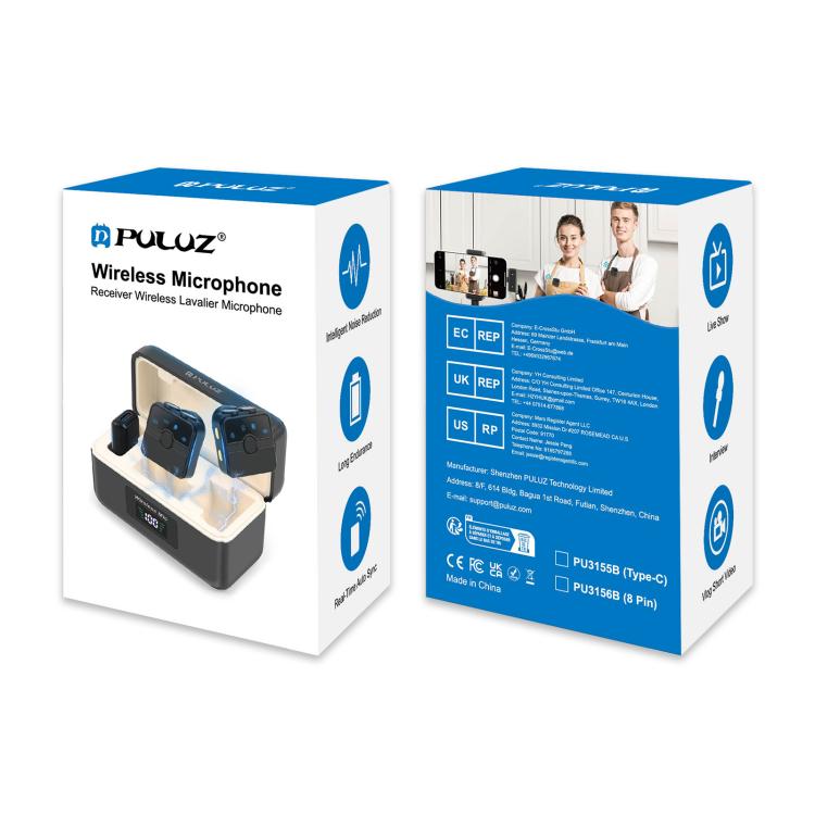 PULUZ Magnetisches Lavalier Wireless Mikrofon mit Ladekoffer, 8-Pin RX-Empfänger und 2 TX-Mikrofone, 8-Pin 2 TX + 1 RX, mit Ladekoffer