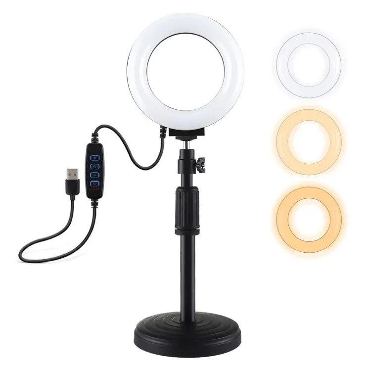 PULUZ Tischhalterung mit rundem Fuß + 12 cm (4,7 Zoll) LED-Ringleuchte mit 3 Modi, USB-Anschluss, dimmbar, für Vlogging und Video, Höhenverstellbar: 15,5 cm–25,5 cm, Tischhalterung + 12 cm (4,7 Zoll)
