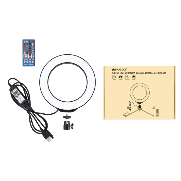 PULUZ 6,2 Zoll 16cm USB RGBW dimmbarer LED-Ring Vlogging Fotografie Video Licht mit Kaltlicht-Schuh Stativ Kugelkopf & Fernbedienung, 6,2 Zoll RGBW / Fernbedienung