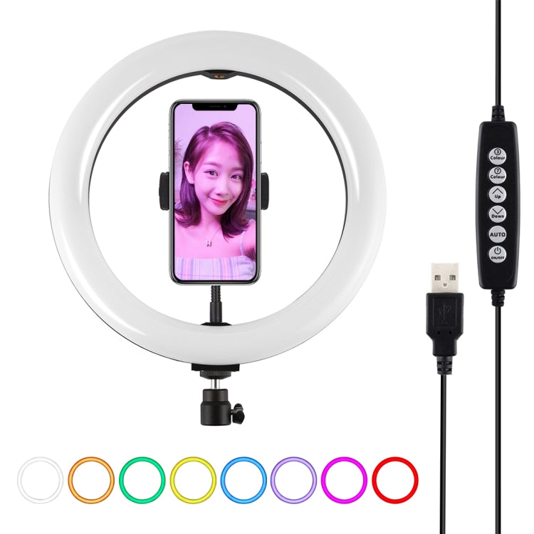PULUZ 10,2 Zoll 26cm USB 10 Modi 8 Farben RGBW dimmbarer LED-Ring Vlogging Fotografie Video Licht mit Kaltlicht-Schuh Stativ Kugelkopf & Telefonhalterung, 10,2 Zoll RGBW