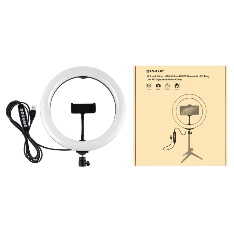 PULUZ 10,2 Zoll 26cm USB 10 Modi 8 Farben RGBW dimmbarer LED-Ring Vlogging Fotografie Video Licht mit Kaltlicht-Schuh Stativ Kugelkopf & Telefonhalterung, 10,2 Zoll RGBW