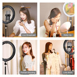 PULUZ 10,2 Zoll 26cm USB 10 Modi 8 Farben RGBW dimmbarer LED-Ring Vlogging Fotografie Video Licht mit Kaltlicht-Schuh Stativ Kugelkopf & Telefonhalterung, 10,2 Zoll RGBW