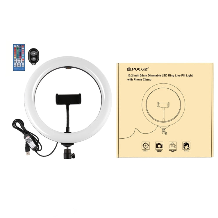 PULUZ 10,2 Zoll 26cm gewölbte Oberfläche USB RGBW dimmbarer LED-Ring Vlogging Fotografie Video Licht mit Stativ Kugelkopf & Fernbedienung & Telefonhalterung, 10,2 Zoll RGBW