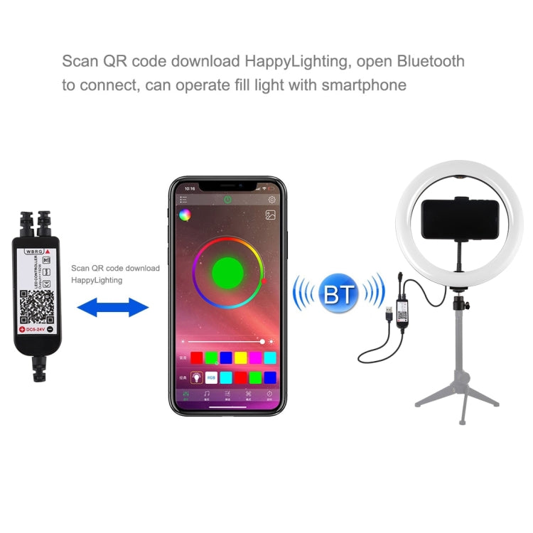 PULUZ 10,2 Zoll 26cm gewölbte Oberfläche USB RGBW dimmbarer LED-Ring Vlogging Fotografie Video Licht mit Stativ Kugelkopf & Fernbedienung & Telefonhalterung, 10,2 Zoll RGBW