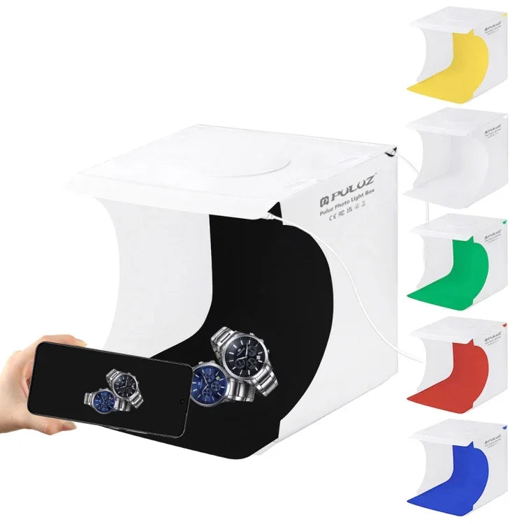 PULUZ 20cm Inklusive 2 LED-Panels Faltbares, tragbares 1100LM Licht Fotostudio-Beleuchtungszelt-Set mit 6 farbigen Hintergründen (Schwarz, Weiß, Gelb, Rot, Grün, Blau), Ausgeklappte Größe: 24cm x 23cm x 23cm, 20cm(2 LED/RU), 20cm(2 LED)