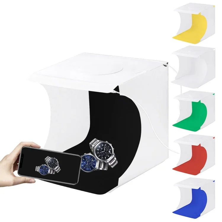 PULUZ 20cm Inklusive 2 LED-Panels Faltbares, tragbares 1100LM Licht Fotostudio-Beleuchtungszelt-Set mit 6 farbigen Hintergründen (Schwarz, Weiß, Gelb, Rot, Grün, Blau), Ausgeklappte Größe: 24cm x 23cm x 23cm, 20cm(2 LED/RU), 20cm(2 LED)