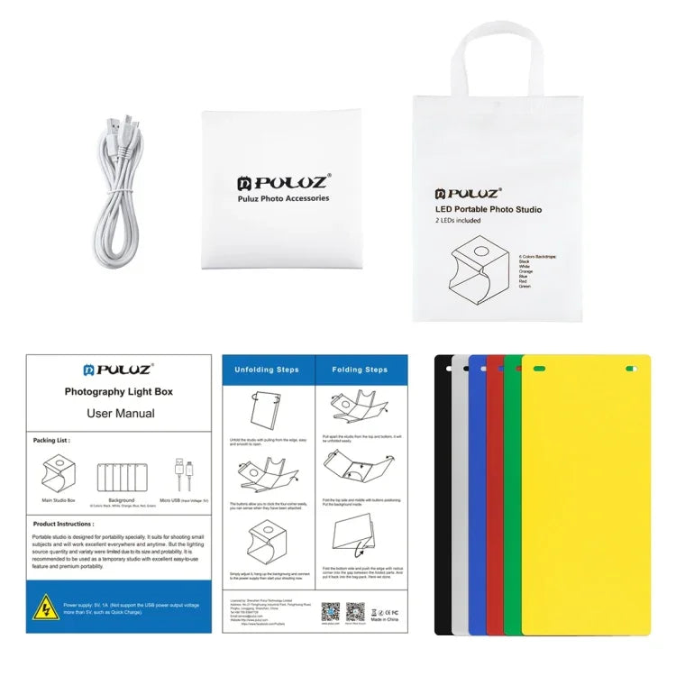 PULUZ 20cm Inklusive 2 LED-Panels Faltbares, tragbares 1100LM Licht Fotostudio-Beleuchtungszelt-Set mit 6 farbigen Hintergründen (Schwarz, Weiß, Gelb, Rot, Grün, Blau), Ausgeklappte Größe: 24cm x 23cm x 23cm, 20cm(2 LED/RU), 20cm(2 LED)