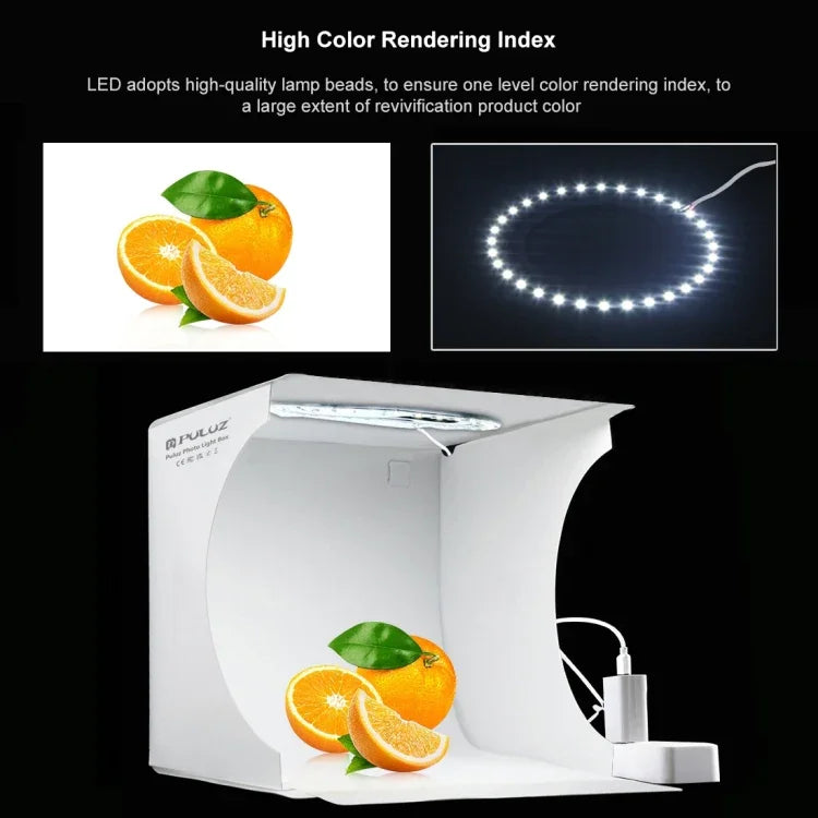 PULUZ 23 cm Ring-LED-Panel Faltbares, tragbares Fotostudio-Zelt-Set mit 6 farbigen Hintergründen (Schwarz, Weiß, Gelb, Rot, Grün, Blau), Maße (aufgeklappt): 24 cm x 23 cm x 23 cm, 23 cm Ring-LED-Panel