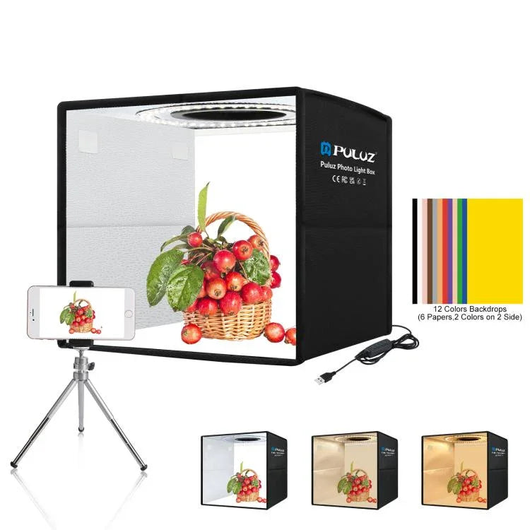 PULUZ 25 cm Faltbares, tragbares Ringlicht mit 3 Modi und zwei Farbtemperaturen für Fotostudioaufnahmen, inklusive 6 doppelseitigen Farbhintergründen, Größe: 25 cm x 25 cm x 25 cm, Schwarz