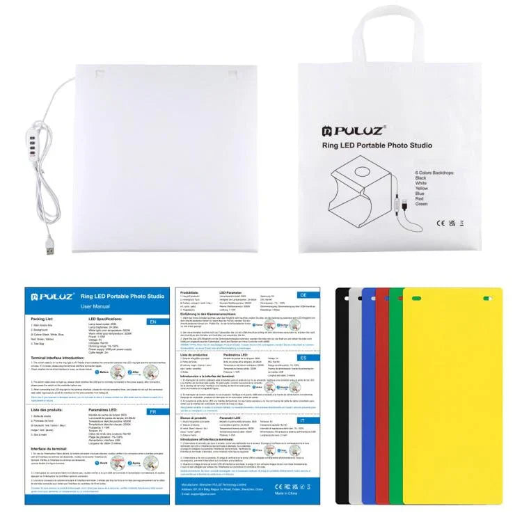 PULUZ 30 cm Faltbares, tragbares Ringlicht-Set für Fotostudios mit 6 farbigen Hintergründen (Schwarz, Weiß, Gelb, Rot, Grün, Blau), Maße (aufgeklappt): 31 cm x 31 cm x 32 cm, 30 cm Box