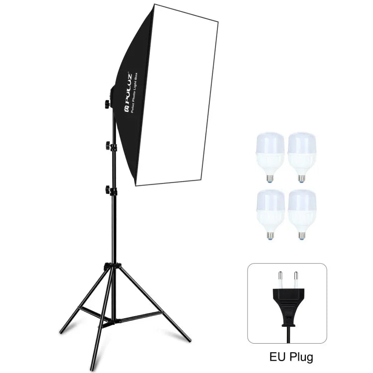 PULUZ 50x70cm Studio Softbox + 2m Stativhalterung + 4 x 220V E27 20W 5700K Weißlicht LED-Glühbirne Fotobeleuchtungsset, 4 x Glühbirne EU-Stecker, 4 x Glühbirne US-Stecker