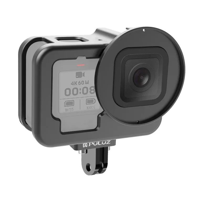 Für GoPro HERO13 Black /12 Black /11 Black /10 Black /9 Black PULUZ Thin Gehäuse CNC-gefrästes Aluminiumlegierungs-Schutzgehäuse mit Versicherungsrahmen und 52-mm-UV-Objektiv, für GoPro HERO9 Black Thin