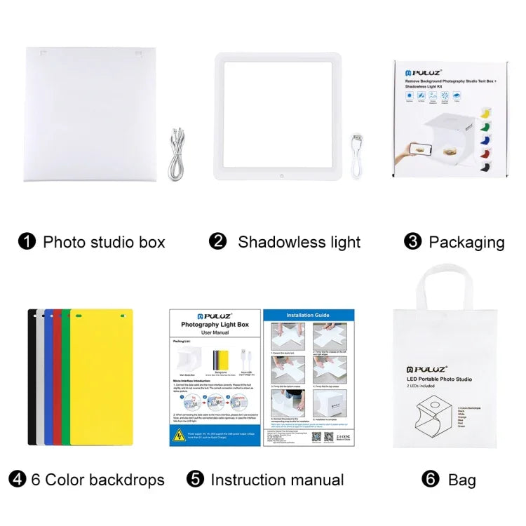 PULUZ Mini-LED-Fotografie-Schattenfrei-Licht-Panel-Pad + Studio-Aufnahmezeltbox, Acrylmaterial, 20 cm x 20 cm effektive Fläche, 20 cm (2 LEDs) + Schattenfreies Licht