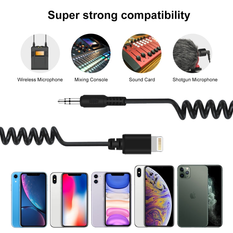 PULUZ 3,5mm TRRS Stecker auf 8-Pin Stecker Live Mikrofon Audio Adapter Federkabel für iPhone, Kabel dehnbar bis 100cm, 3,5mm Stecker auf 8-Pin