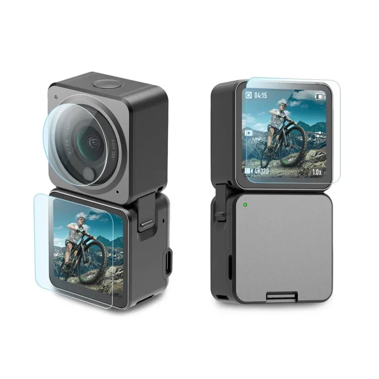 PULUZ 3-in-1 Objektiv + Vorder- und Rückdisplay-LCD 9H 2.5D Schutzglasfolie für DJI Action 2, Objektiv-Bildschirmfolie