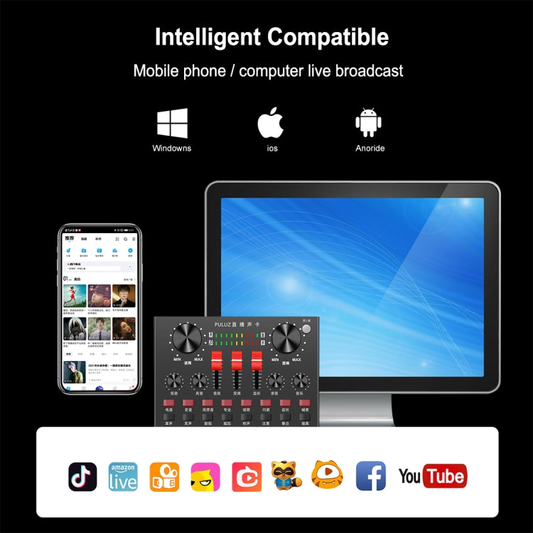 PULUZ Live Broadcast Soundkarte Bluetooth Karaoke Gesangsaufnahme Soundmixer für Mobiltelefon / Computer / Laptop / Tablet PC, chinesische Version, chinesische Version
