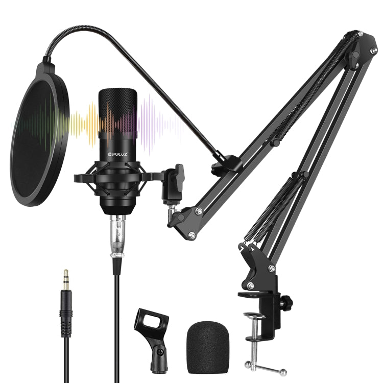 PULUZ Studio Broadcast Professionelles Gesangsmikrofon-Set mit Scherenarm & Metall-Schockhalterung & USB Soundkarte, Mikrofon-Set (Schwarz), Mikrofon-Set (Gold), Mikrofon-Set (Silber)