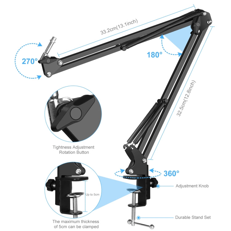PULUZ Studio Broadcast Professional Singing Microphone Kits with Suspension Scissor Arm & Metal Shock Mount & USB Sound Card, Microphone Kits (Black), Microphone Kits (Silver)