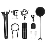 PULUZ Studio Broadcast Professional Singing Microphone Kits with Suspension Scissor Arm & Metal Shock Mount & USB Sound Card, Microphone Kits (Black), Microphone Kits (Silver)