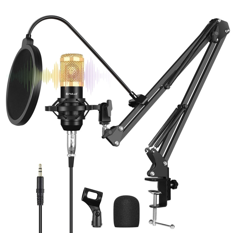 PULUZ Kondensatormikrofon Studio Broadcast Professionelles Gesangsmikrofon-Set mit Scherenarm, Metall-Schockhalterung & USB-Soundkarte, 48V Stromversorgung, 48V Mikrofon-Set (Gold)