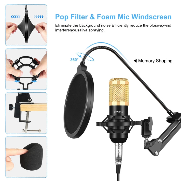 PULUZ Kondensatormikrofon Studio Broadcast Professionelles Gesangsmikrofon-Set mit Scherenarm, Metall-Schockhalterung & USB-Soundkarte, 48V Stromversorgung, 48V Mikrofon-Set (Gold)