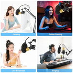 PULUZ Kondensatormikrofon Studio Broadcast Professionelles Gesangsmikrofon-Set mit Scherenarm, Metall-Schockhalterung & USB-Soundkarte, 48V Stromversorgung, 48V Mikrofon-Set (Gold)