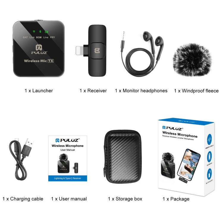 PULUZ Kabelloses Lavaliermikrofon für iPhone / iPad, 8-Pin Empfänger, 8-Pin 1 TX + 1 RX