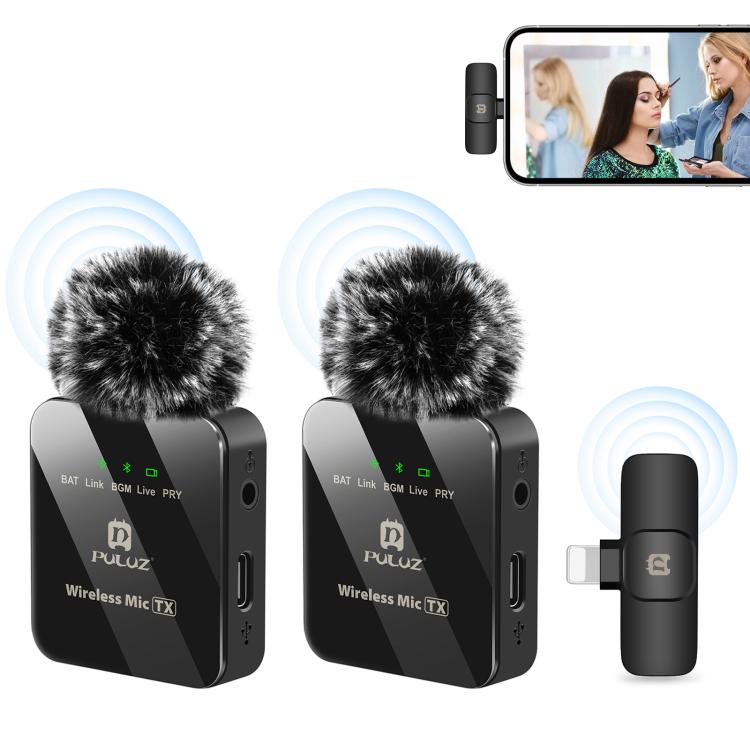 PULUZ Kabelloses Lavaliermikrofon für iPhone / iPad, 8-Pin Empfänger und Dualmikrofone, 8-Pin 2 TX + 1 RX