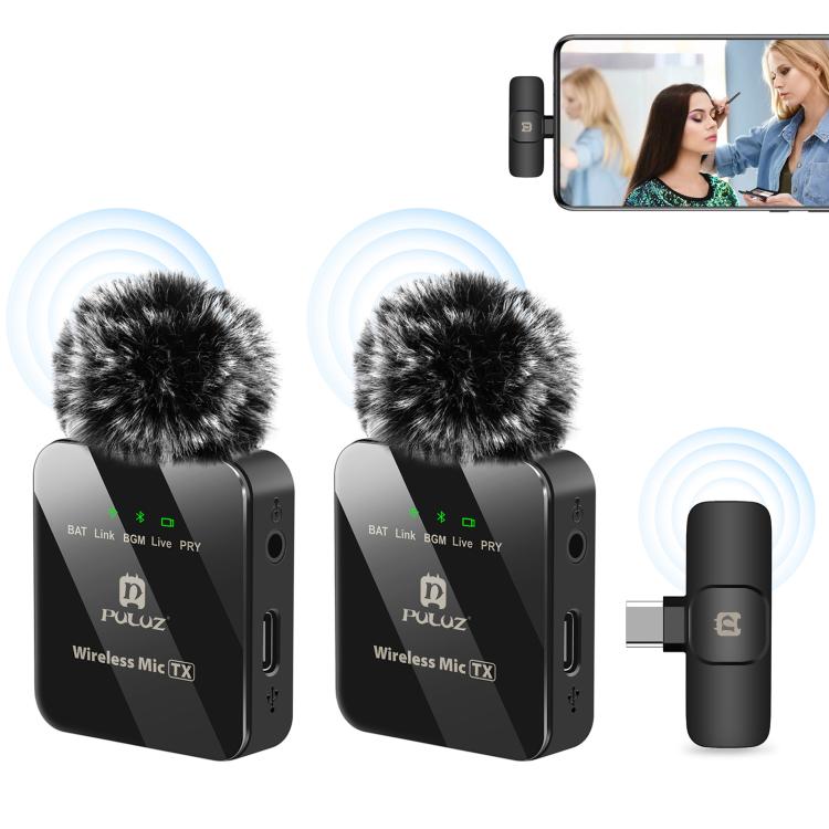 PULUZ Kabelloses Lavaliermikrofon für Type-C Telefon, Type-C Empfänger und Dualmikrofone, Type-C 2 TX + 1 RX