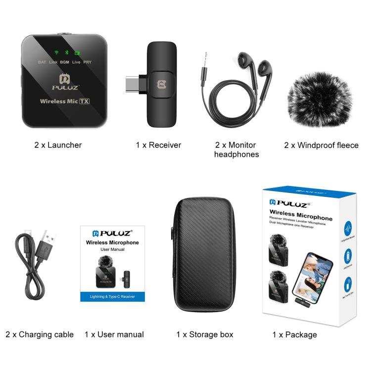 PULUZ Kabelloses Lavaliermikrofon für Type-C Telefon, Type-C Empfänger und Dualmikrofone, Type-C 2 TX + 1 RX