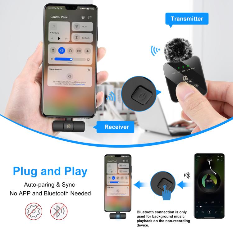 PULUZ Kabelloses Lavaliermikrofon für Type-C Telefon, Type-C Empfänger und Dualmikrofone, Type-C 2 TX + 1 RX