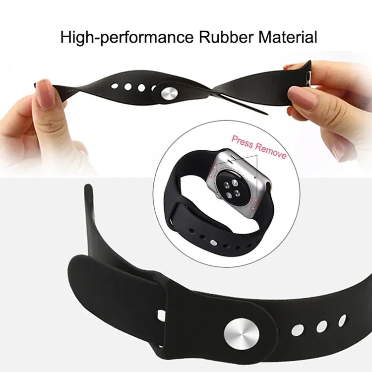 3-in-1-Armband aus Kautschuk mit Dornschließe für Apple Watch Series 10 (42 mm), 9, 8 und 7 (41 mm), SE 3, SE 2, 6, SE, 5 und 4 (40 mm) sowie 3, 2 und 1 (38 mm).