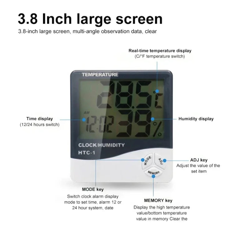3,8 Zoll LCD Digitales Temperatur- und Feuchtigkeitsmessgerät mit Uhr/Kalender (HTC-1), HTC-1