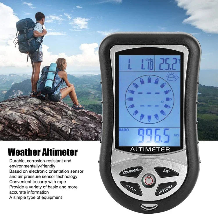 8 in 1 (Höhenmesser + Wetter + Höhe + Kompass + Thermometer + Uhr + Kalender + LED-Hintergrundbeleuchtung) Multifunktions-Digital-Höhenmesseruhr Kompass, 8 in 1