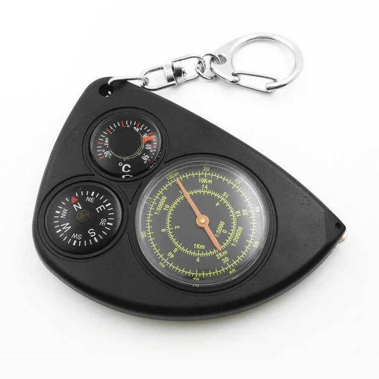 3-in-1 tragbares Karten-Entfernungsmessgerät + Kompass + Thermometer mit Schlüsselanhänger für Outdoor-Camping-Wanderungen, 3-in-1 (Schwarz)