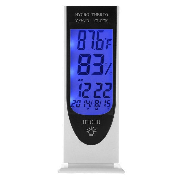 HTC-8 Leuchtendes LCD Digital LED Nachtlicht Thermometer Hintergrundbeleuchtung Hygrometer Feuchtigkeitsmesser, mit Alarm / Datum / Uhr / Kalender, HTC-8