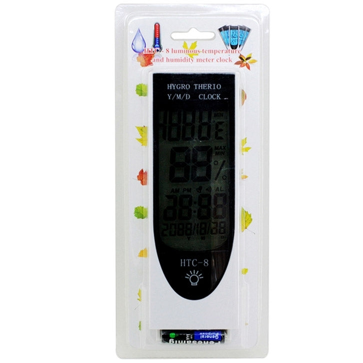 HTC-8 Leuchtendes LCD Digital LED Nachtlicht Thermometer Hintergrundbeleuchtung Hygrometer Feuchtigkeitsmesser, mit Alarm / Datum / Uhr / Kalender, HTC-8