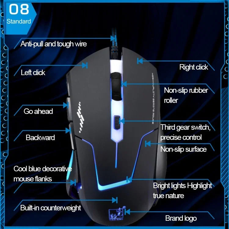 T7 Kabelgebundene optische Gaming-USB-Maus mit 3 wählbaren Farben, 1200 DPI, 1600 DPI und 2400 DPI