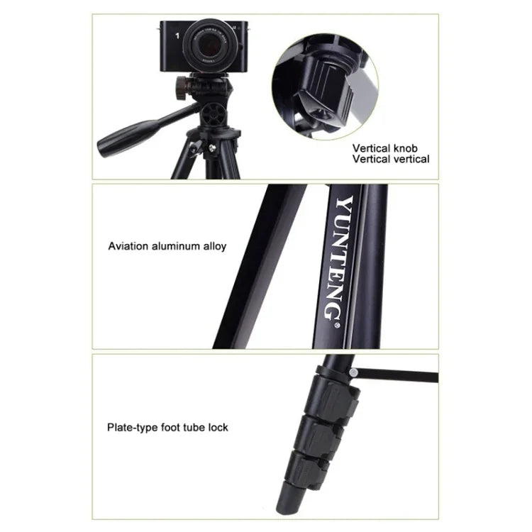 YUNTENG VCT-681 138cm Stativ für Spiegelreflex-/Mikro-Spiegelreflex-/Digitalkameras, 4-teilige, klappbare Aluminiumbeine, geeignet für Canon / Nikon / Panasonic / Pentax / Casio / Sony / Fuji (Tragfähigkeit: 3 kg)
