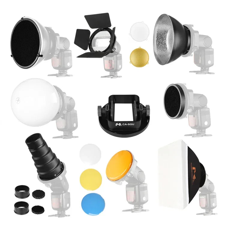 Falcon Eyes SG-100 Speedlite Zubehörset, Universaladapter / Abschirmklappe / Snoot / Wabenfilter / Standardreflektor / Wabenfilter für Softreflektor / Diffusorkugel / Farbfilter / Softbox