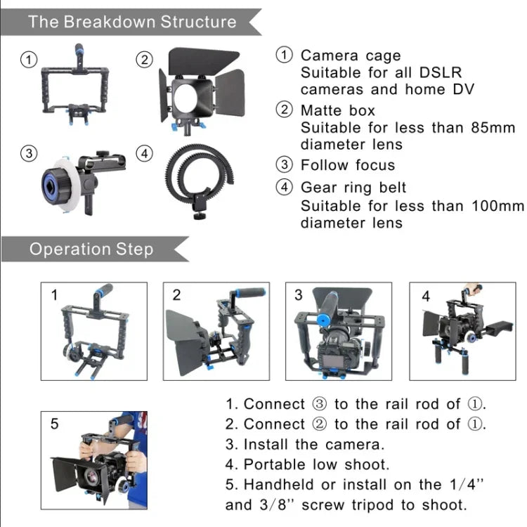 YELANGU YLG1103A-B Kamerakäfig-Stabilisator mit großem Griff + Mattebox-Kit für DSLR-Kameras / Videokameras