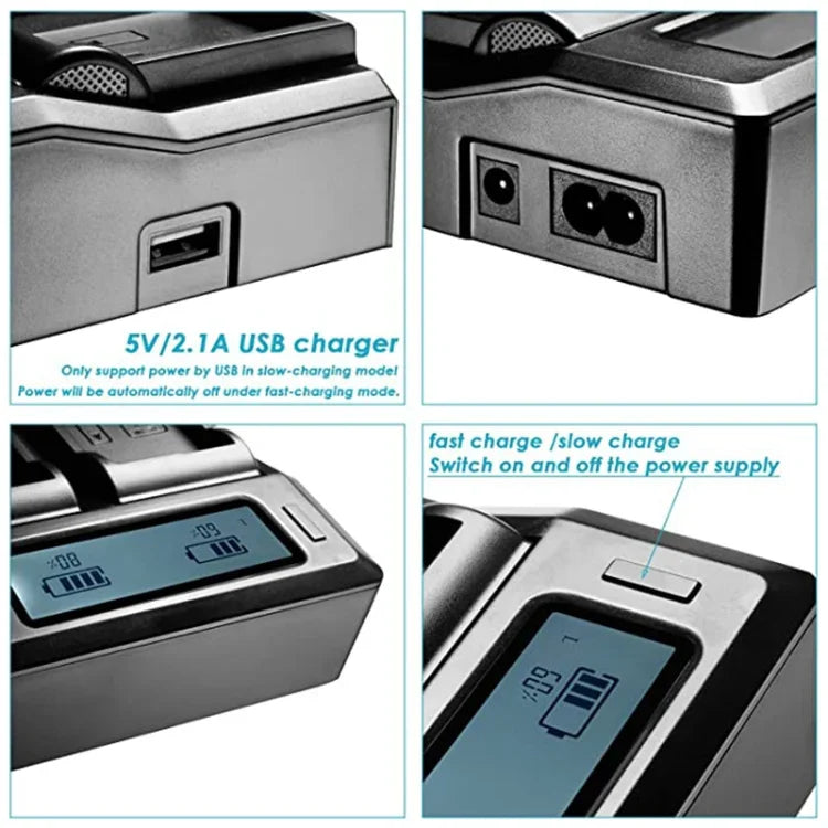 Digitales Zweikanal-Ladegerät mit LCD-Display und USB-Anschluss für Sony BP-U30 / U60 / U90 Akkus, kompatibel mit Sony EX260 / EX280 / FS7