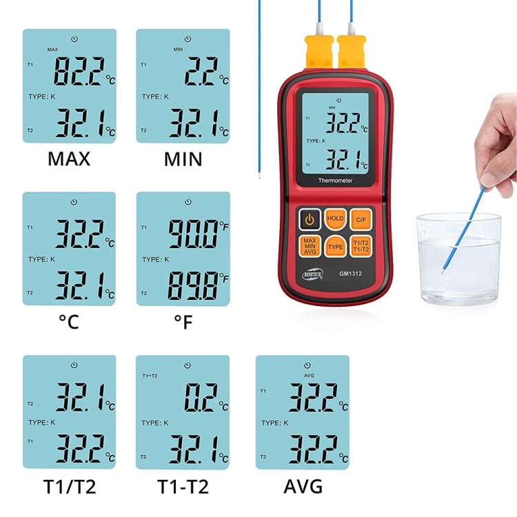 BENETECH GM1312 2,4 Zoll LCD-Bildschirm Thermoelement-Thermometer misst J,K,T,E,N und R Typ, Messbereich: -50~300°C