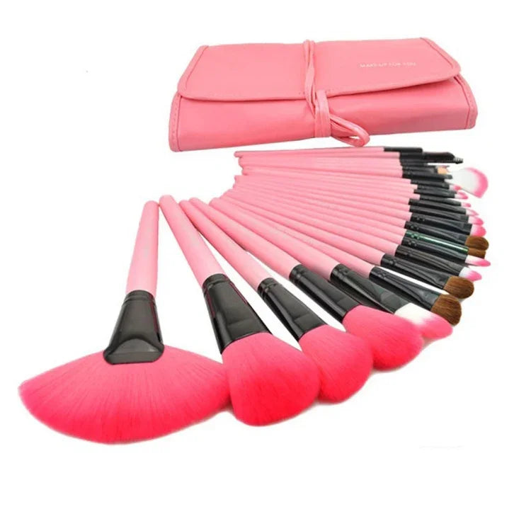 24-teiliges Make-up-Pinselset aus Ziegenhaar mit rosa Griffen und rosa Tasche, 24 Stück
