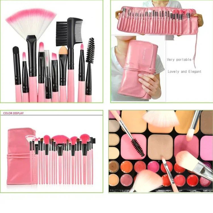 24-teiliges Make-up-Pinselset aus Ziegenhaar mit rosa Griffen und rosa Tasche, 24 Stück
