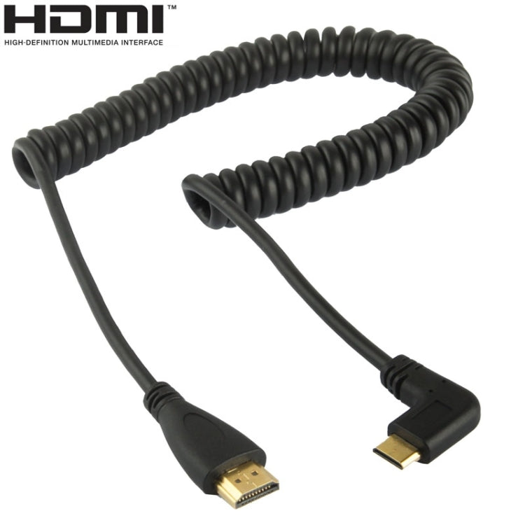 1.4 Version vergoldetes Mini HDMI Stecker zu HDMI Stecker Spiralkabel, unterstützt 3D / Ethernet, Länge: 0,6m-2m, Mini HDMI im rechten Winkel zu HDMI AM